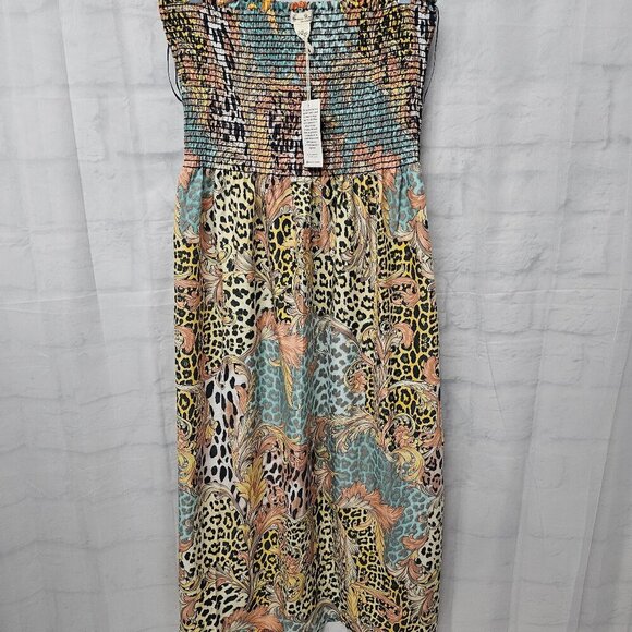 NWT Gypsie Blue Orange Green Animal Print Strapless Midi Dress Boho 1X - Picture 6 of 11